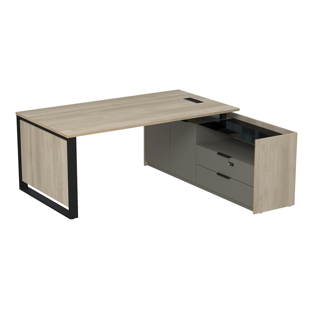 Стол рабочий с люч, на опор двусоставной тумбе, с ящиками (метабокс), с код замком