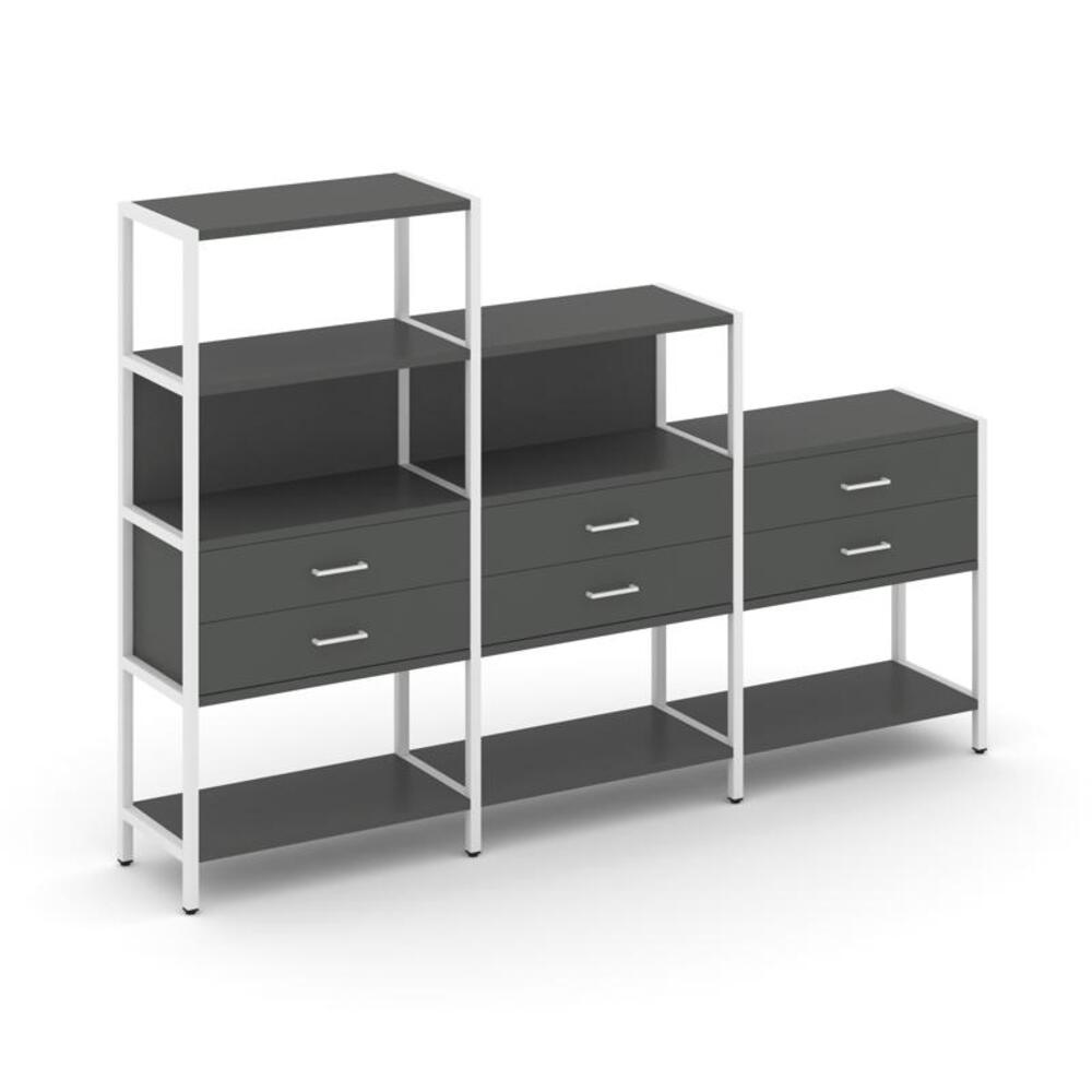 Трехсекционный стеллаж четырех/трех/двухярусный с ящиками