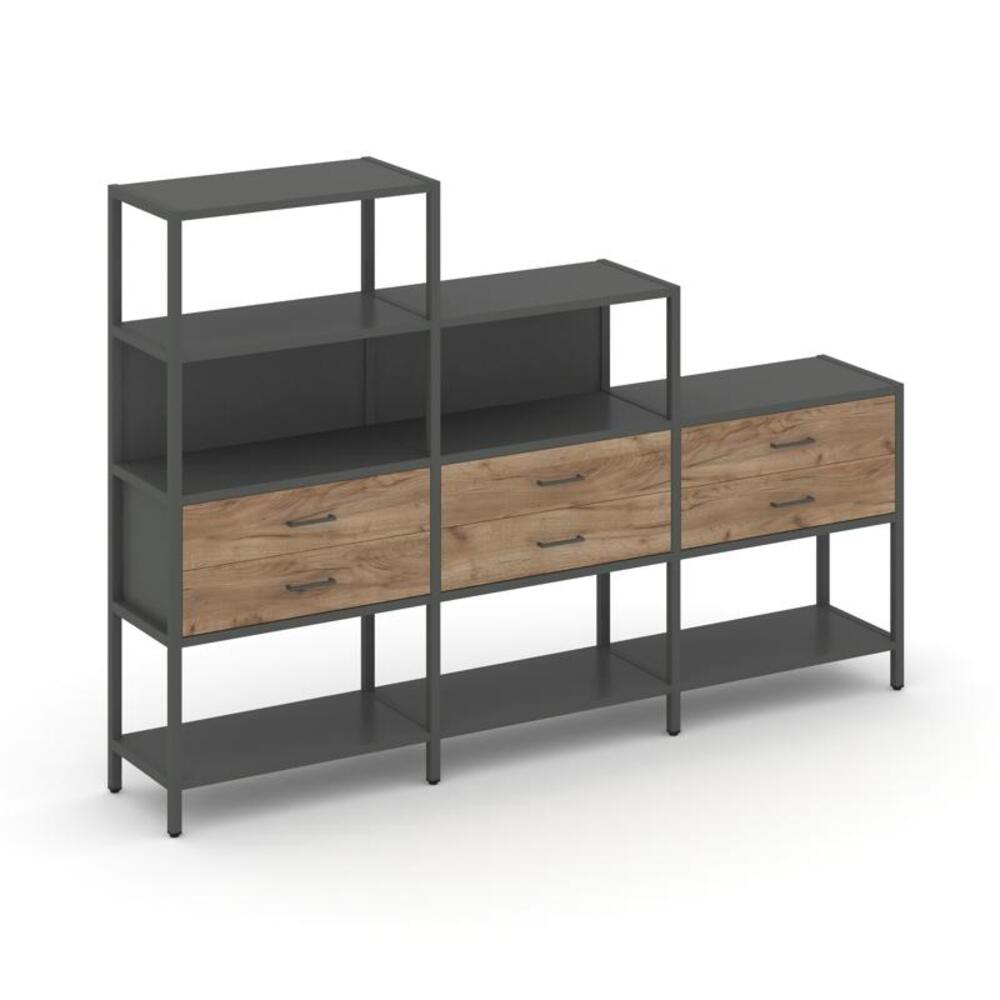 Трехсекционный стеллаж четырех/трех/двухярусный с ящиками