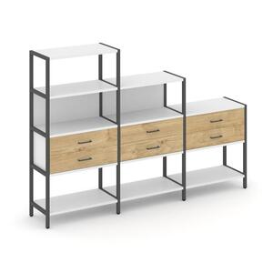 Трехсекционный стеллаж четырех/трех/двухярусный с ящиками