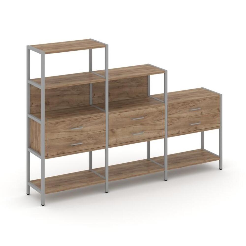 Трехсекционный стеллаж четырех/трех/двухярусный с ящиками