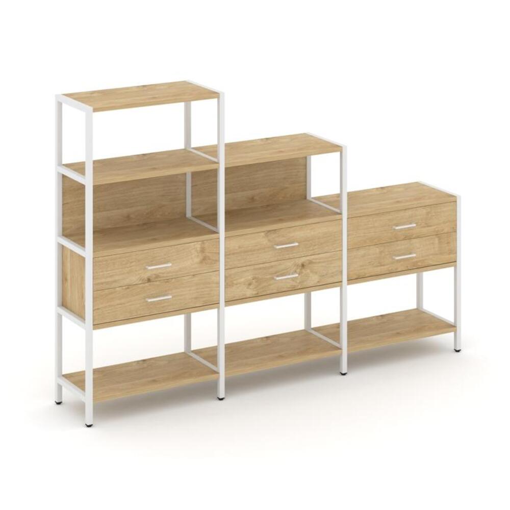 Трехсекционный стеллаж четырех/трех/двухярусный с ящиками