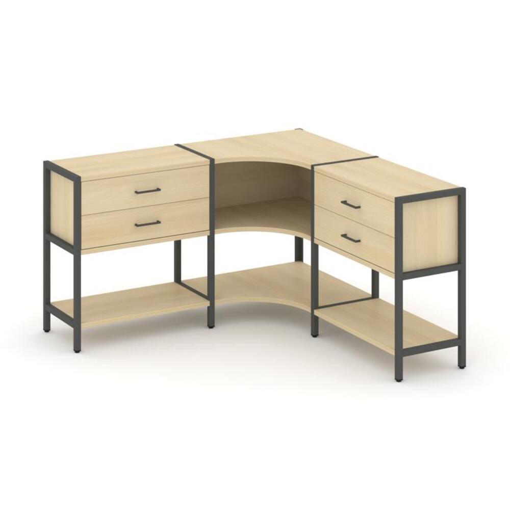 Трехсекционный угловой стеллаж двухярусный с ящиками