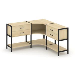 Трехсекционный угловой стеллаж двухярусный с ящиками