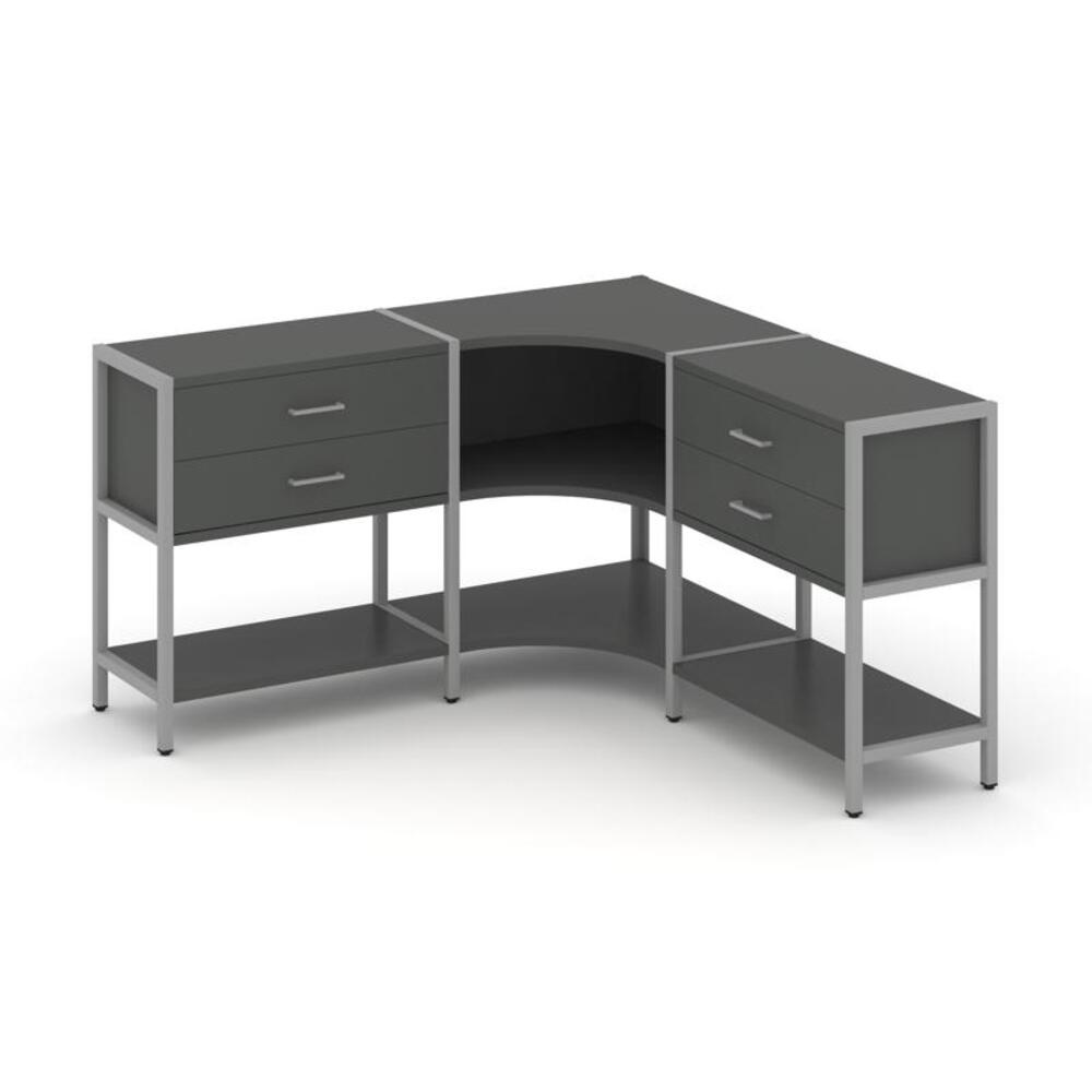 Трехсекционный угловой стеллаж двухярусный с ящиками