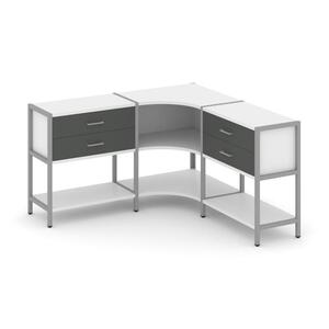 Трехсекционный угловой стеллаж двухярусный с ящиками