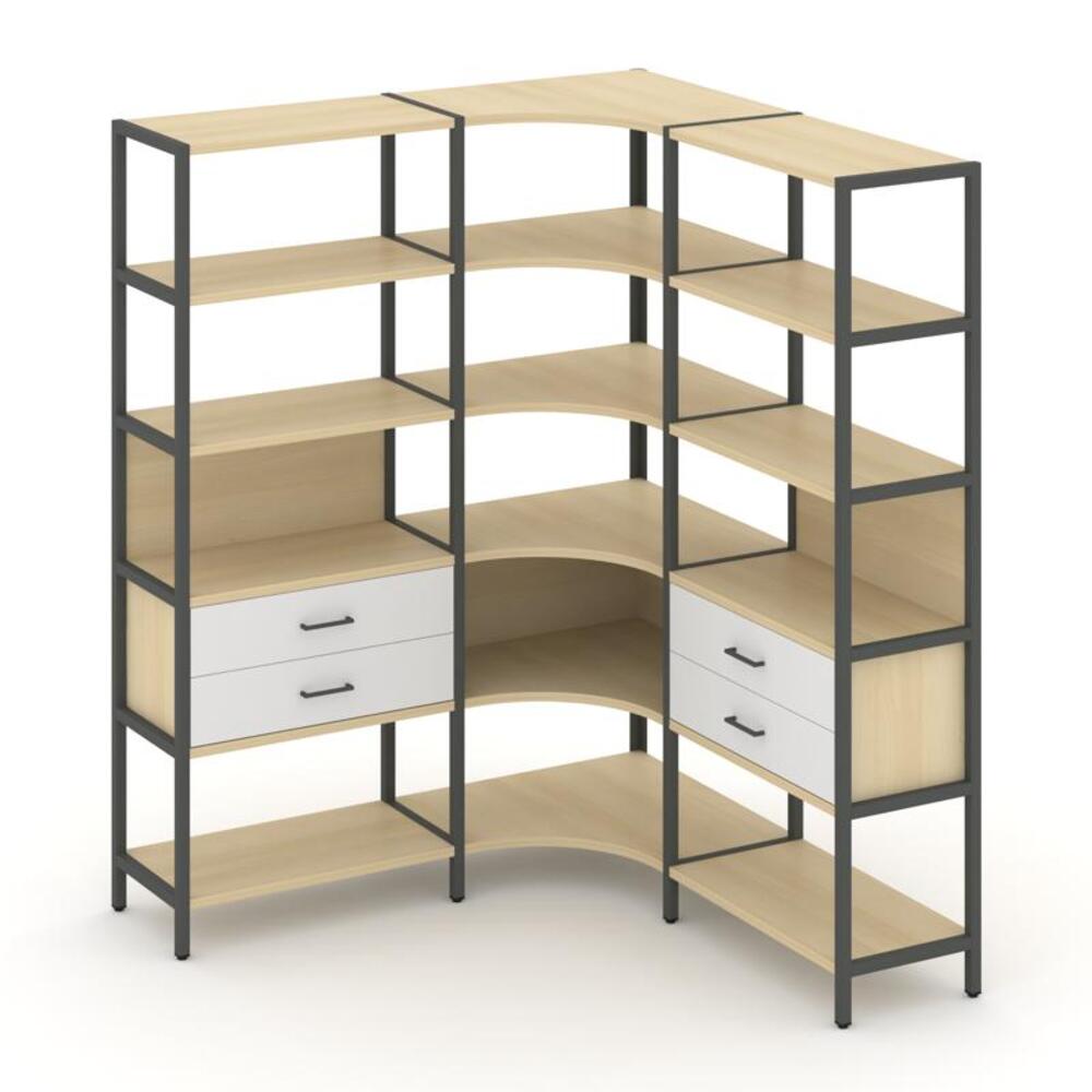 Трехсекционный угловой стеллаж пятиярусный с ящиками