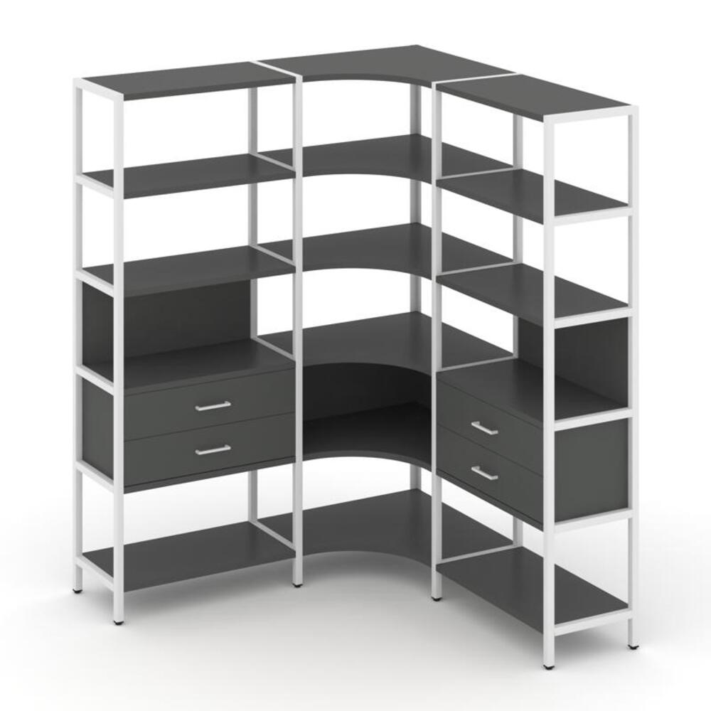 Трехсекционный угловой стеллаж пятиярусный с ящиками