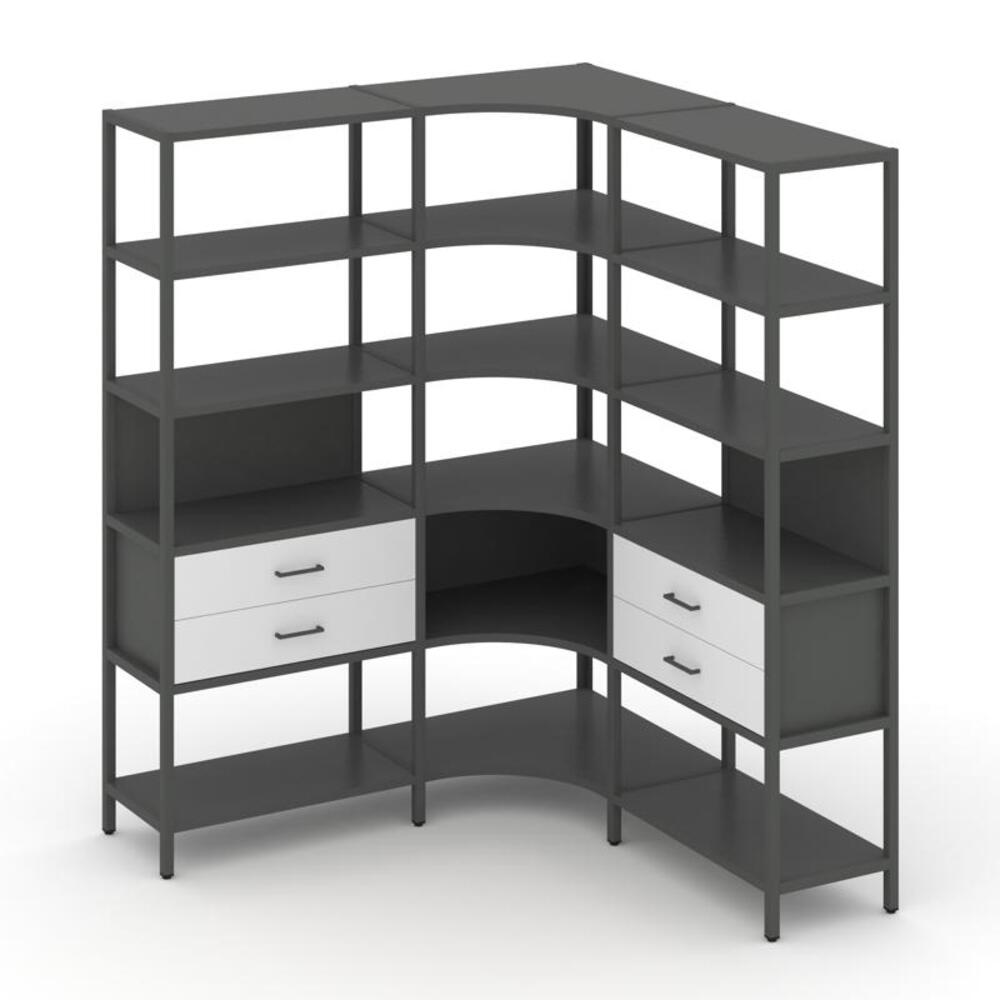 Трехсекционный угловой стеллаж пятиярусный с ящиками