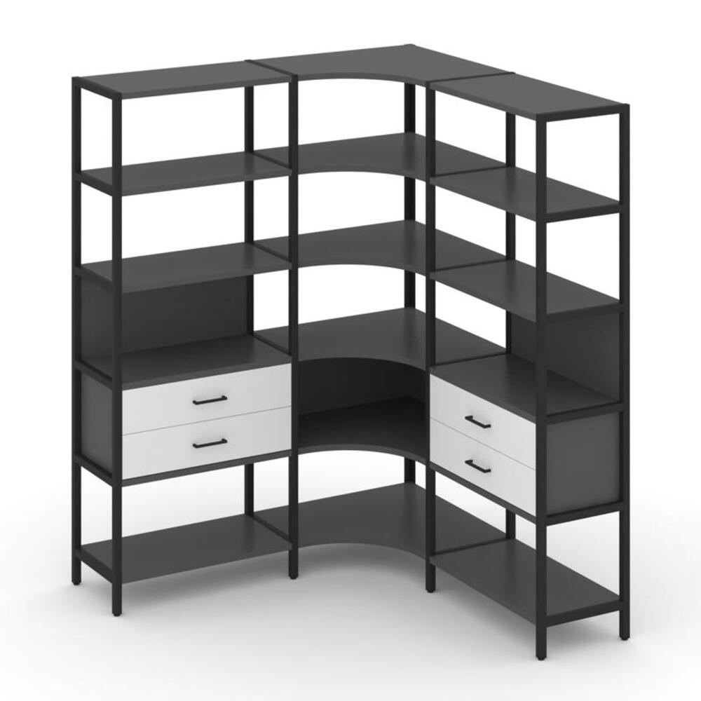 Трехсекционный угловой стеллаж пятиярусный с ящиками
