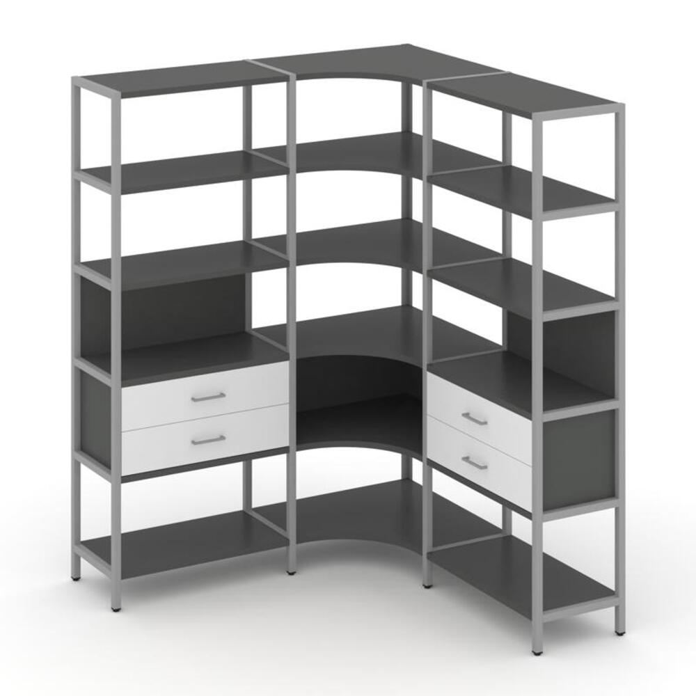 Трехсекционный угловой стеллаж пятиярусный с ящиками