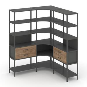Трехсекционный угловой стеллаж пятиярусный с ящиками