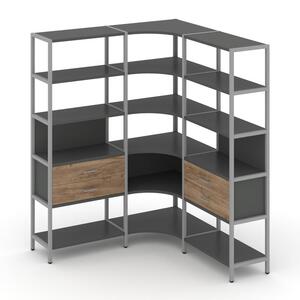 Трехсекционный угловой стеллаж пятиярусный с ящиками