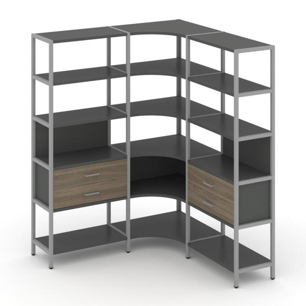 Трехсекционный угловой стеллаж пятиярусный с ящиками