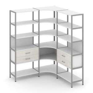 Трехсекционный угловой стеллаж пятиярусный с ящиками