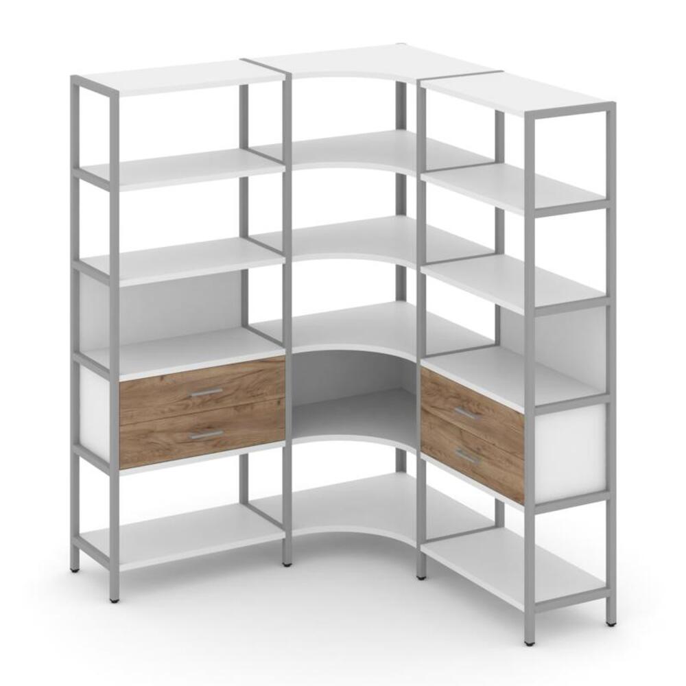 Трехсекционный угловой стеллаж пятиярусный с ящиками