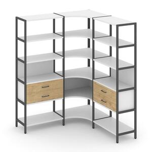 Трехсекционный угловой стеллаж пятиярусный с ящиками