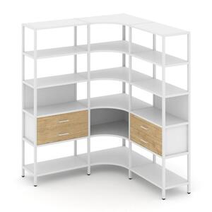 Трехсекционный угловой стеллаж пятиярусный с ящиками