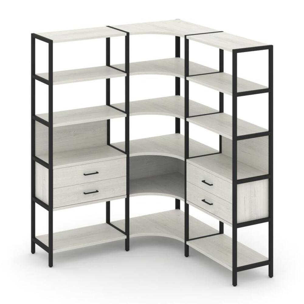 Трехсекционный угловой стеллаж пятиярусный с ящиками