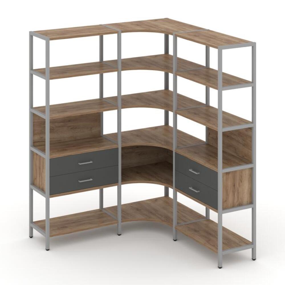 Трехсекционный угловой стеллаж пятиярусный с ящиками