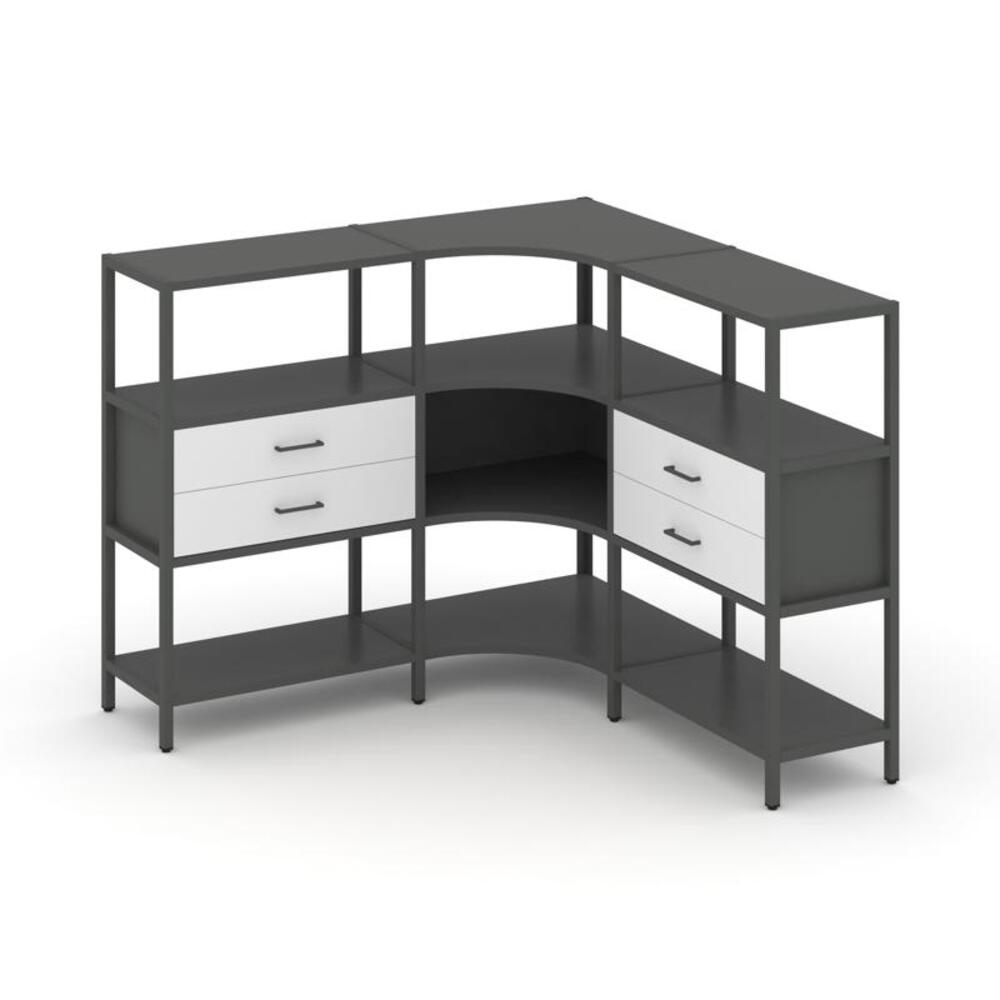 Трехсекционный угловой стеллаж трехярусный с ящиками