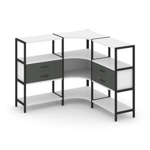 Трехсекционный угловой стеллаж трехярусный с ящиками