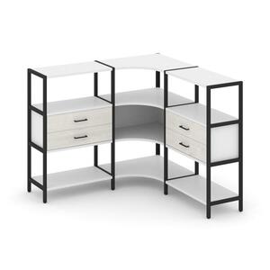 Трехсекционный угловой стеллаж трехярусный с ящиками