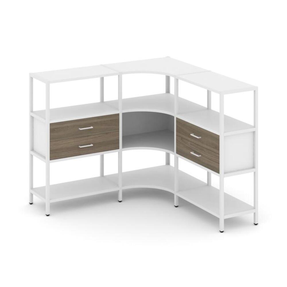 Трехсекционный угловой стеллаж трехярусный с ящиками