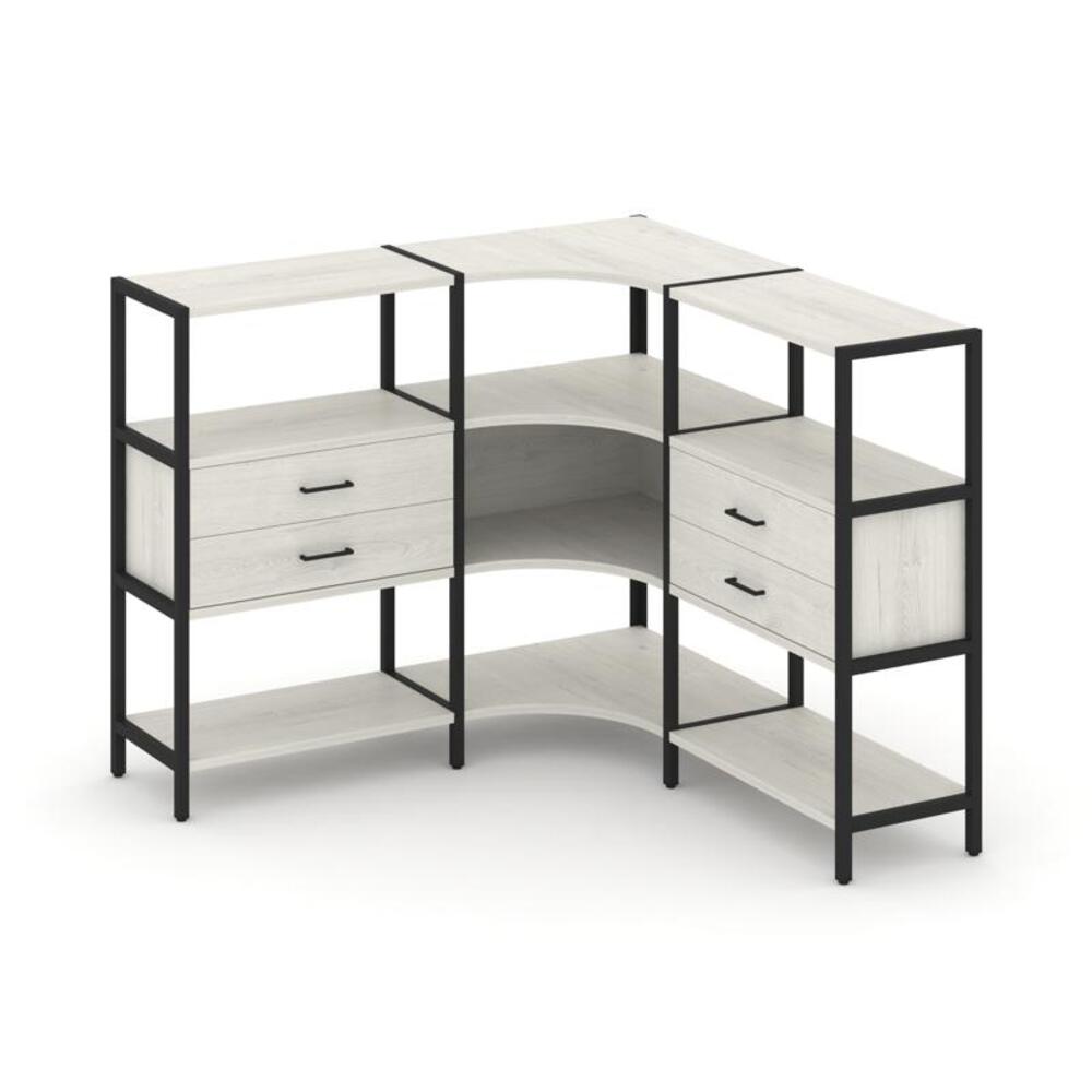 Трехсекционный угловой стеллаж трехярусный с ящиками